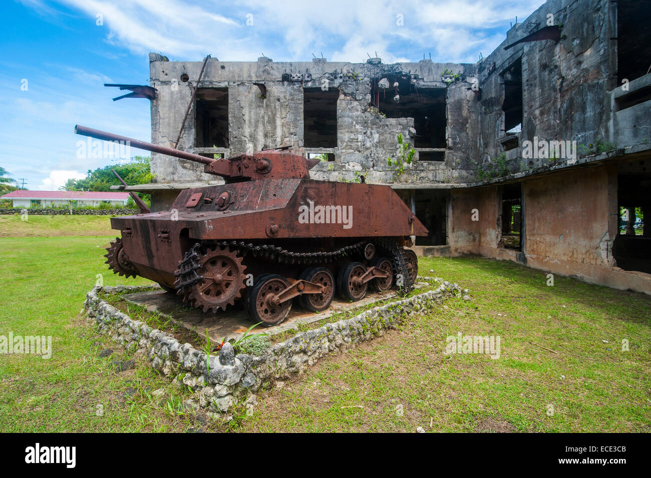 Old Japanese tank in front of the Japanese administration building, Babeldaob, Palau, Micronesia Stock Photo