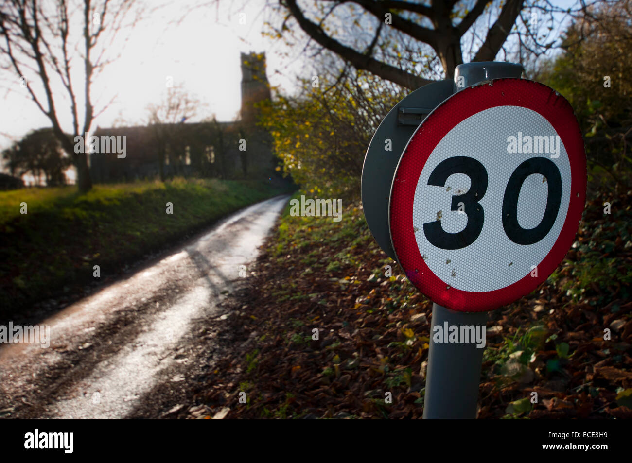 30 miles per hour sign MPH on country lane Stock Photo