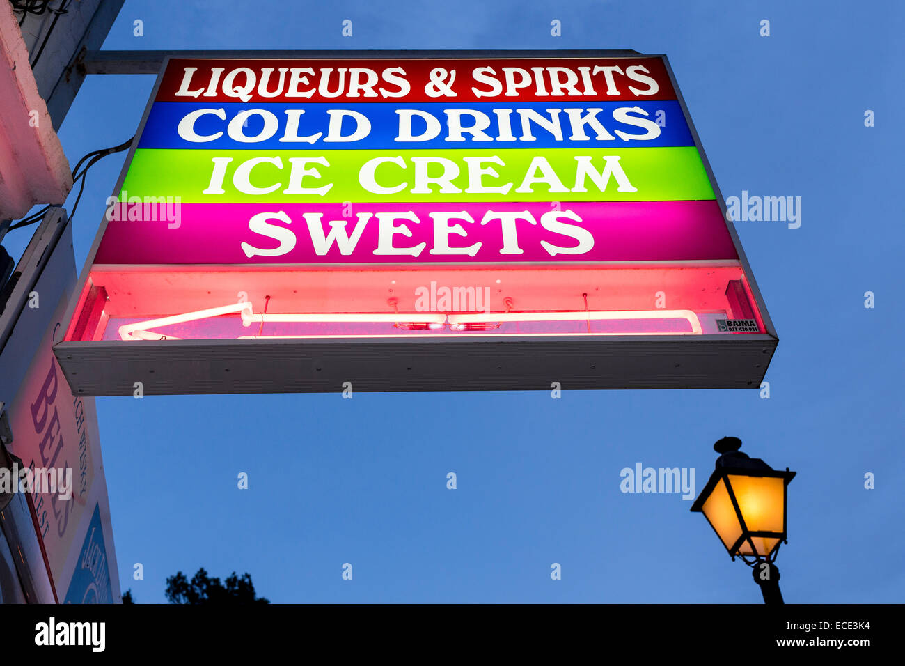 Neon sign for ice cream, sweets and drinks, Cala d'Or, Majorca