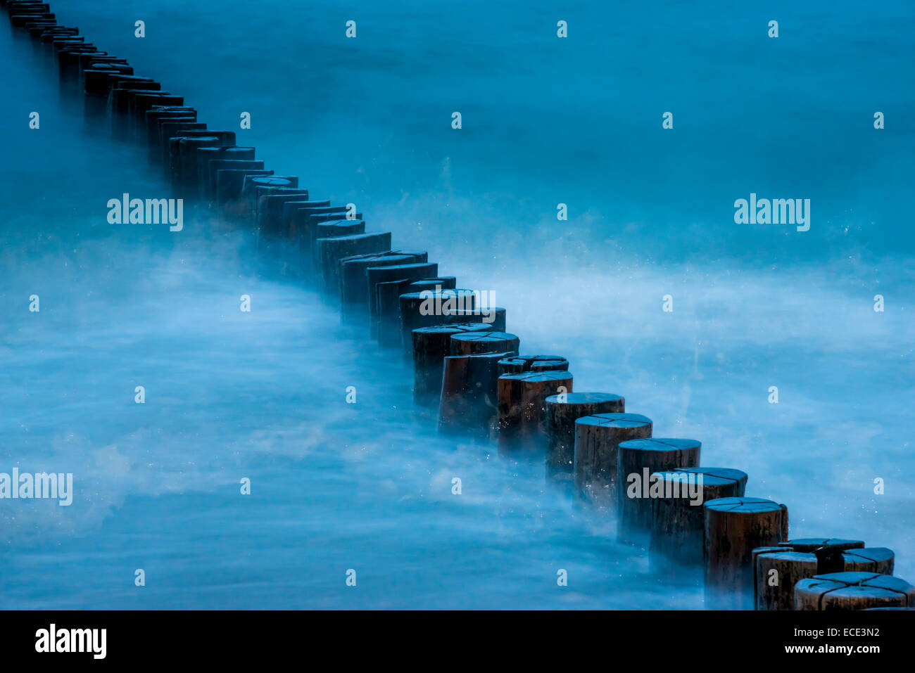 Breakwaters or groins, blue hour, Baltic Sea, Zingst Fischland-Darß-Zingst peninsula, Mecklenburg-Western Pomerania, Germany Stock Photo