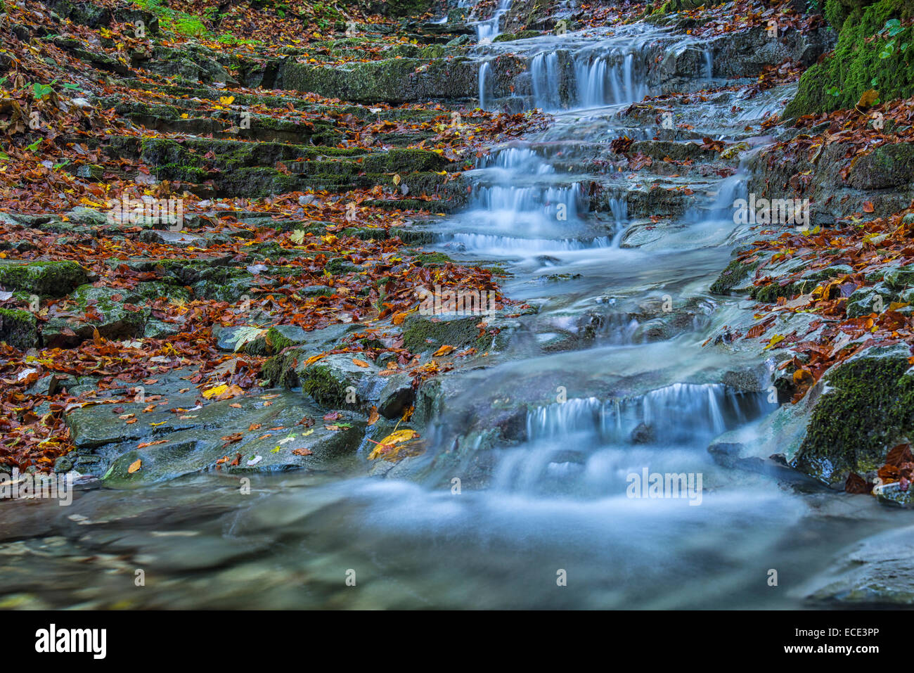 Waterfall in the forest in autumn, Monte Cucco Regional Park, Umbria, Italy Stock Photo