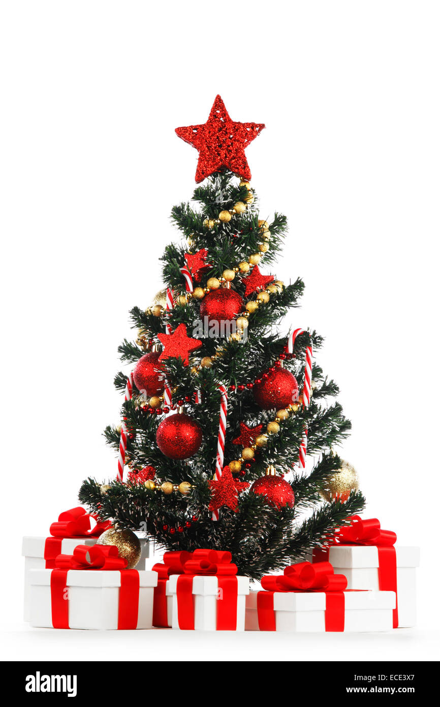 Decorated Christmas tree isolated on white background Stock Photo - Alamy