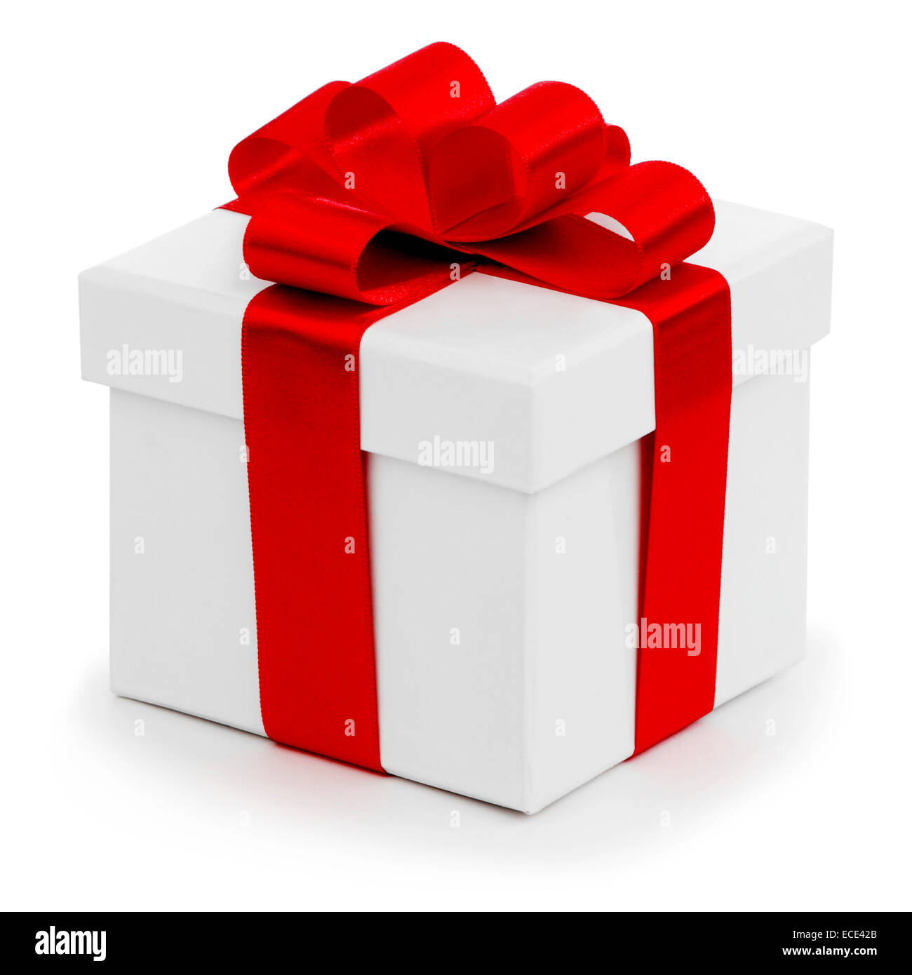 Gift in white box with red satin bow isolated on white Stock Photo - Alamy