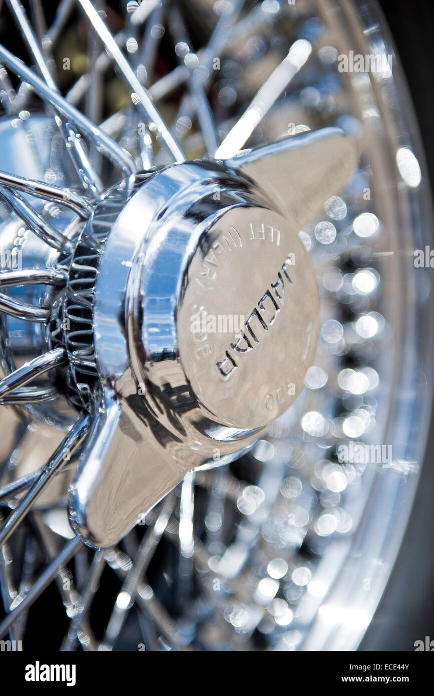 Classic Jaguar wire wheel, chrome Stock Photo