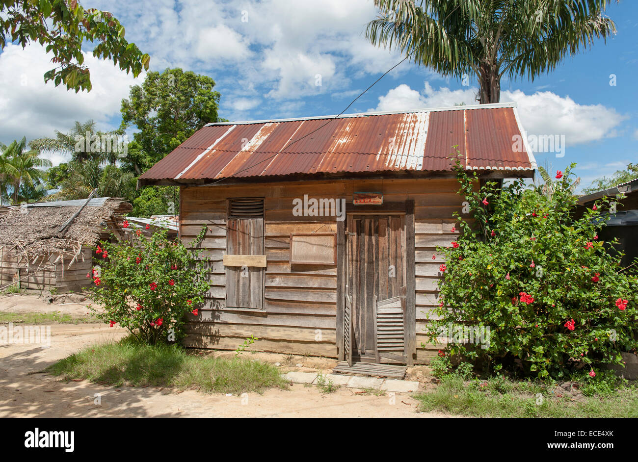Traditional wooden home in the Maroon village of Botopassie, Upper Suriname, South America Stock Photo