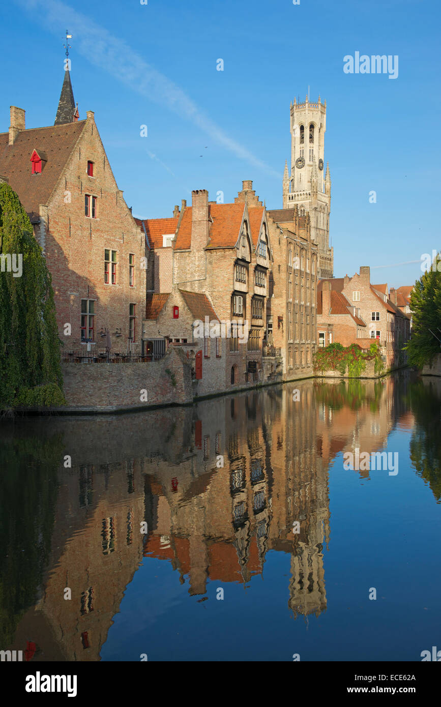 Old buildings and Belfry Tower Rozenhoedkaai Bruges Belgium Stock Photo