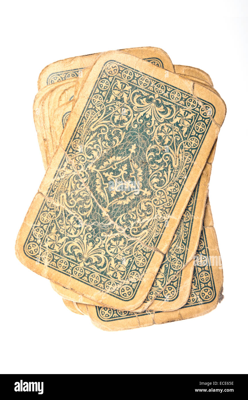 old and damaged playing cards, back side Stock Photo