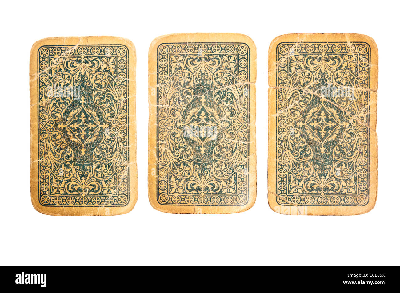 old and damaged playing cards, back side Stock Photo