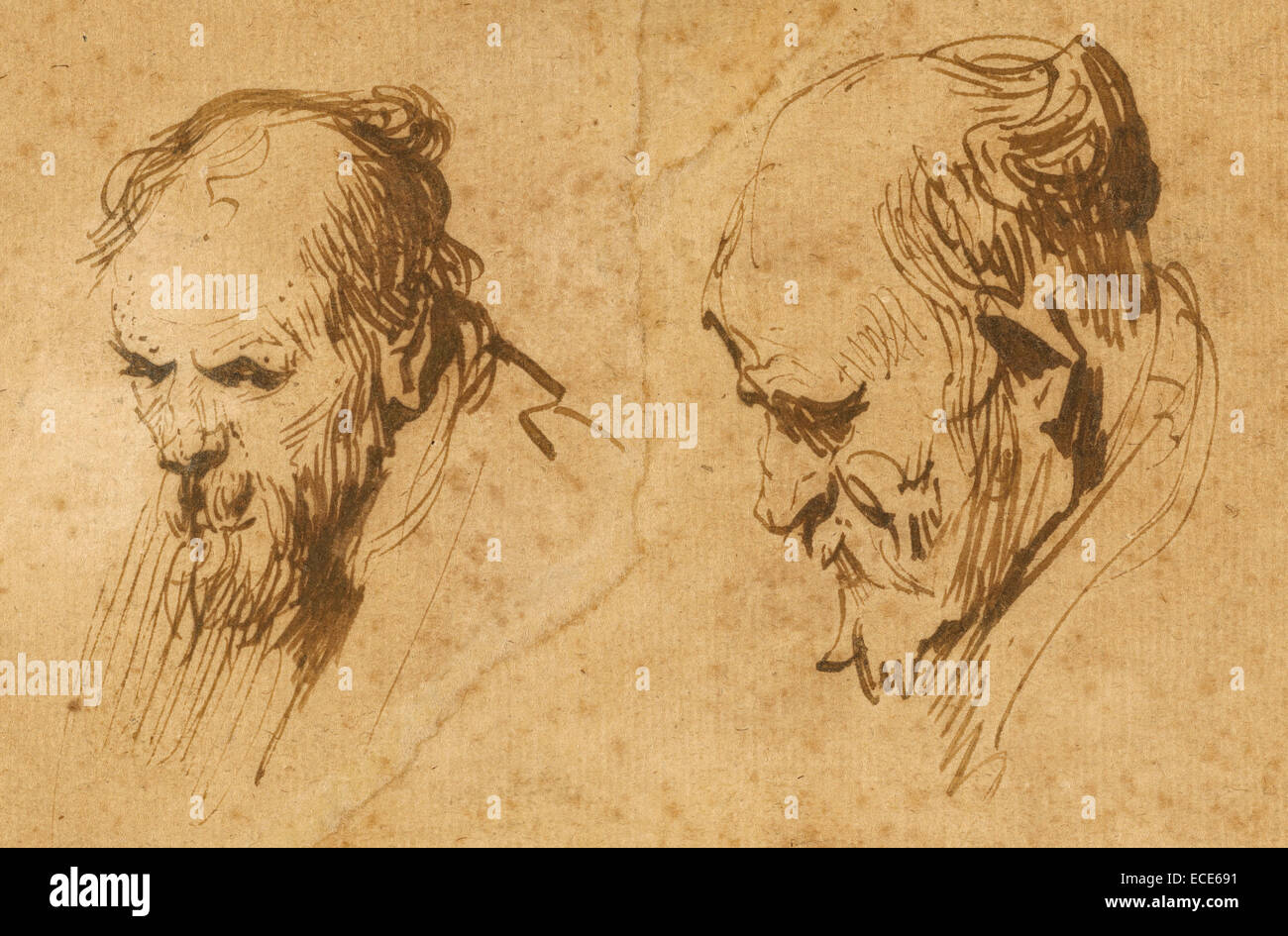 Two Studies of the Head of an Old Man; Rembrandt Harmensz. van Rijn, Dutch, 1606 - 1669; 1626; Pen and brown ink, torn down the center and rejoined; 9 x 14.9 cm (3 9/16 x 5 7/8 in.) Stock Photo