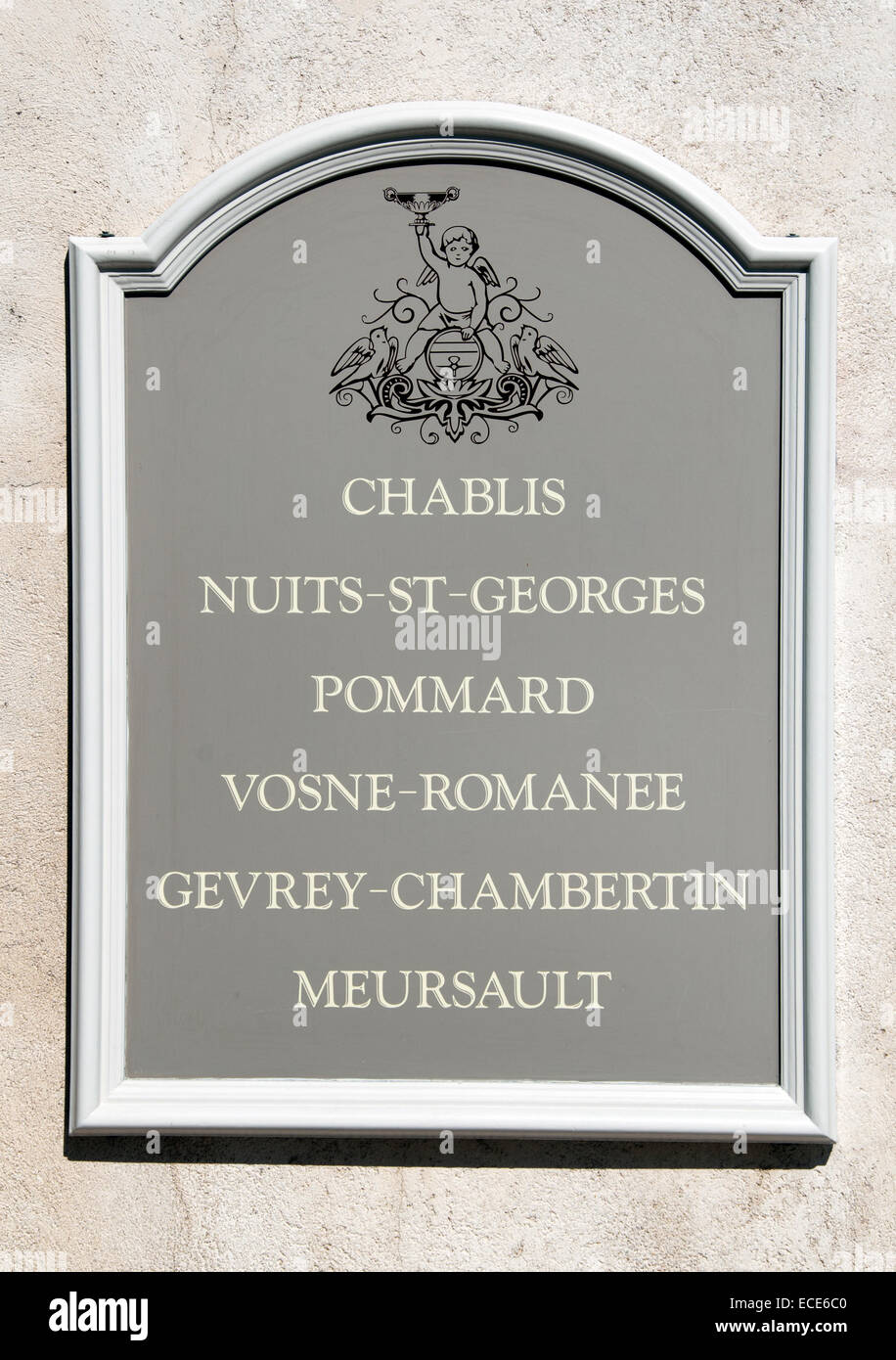 Chablis Nuits St Georges Pommard Vosne Romanee Gevrey Chambertin Meursault  vintage French France Burgundy Stock Photo