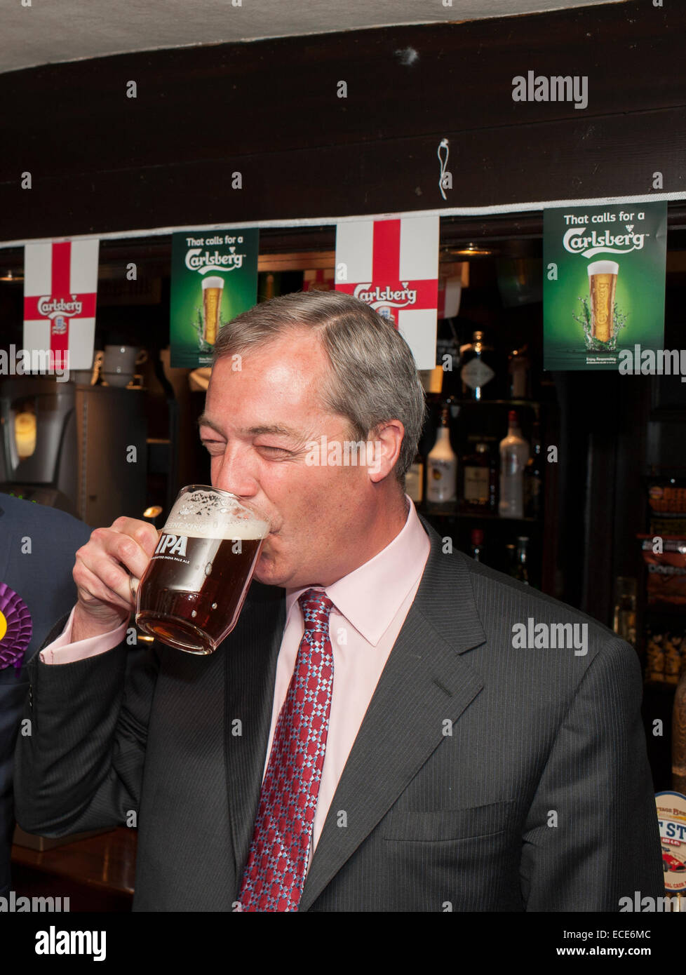 UKIP Leader Nigel Farage drinking beer in pub. Stock Photo