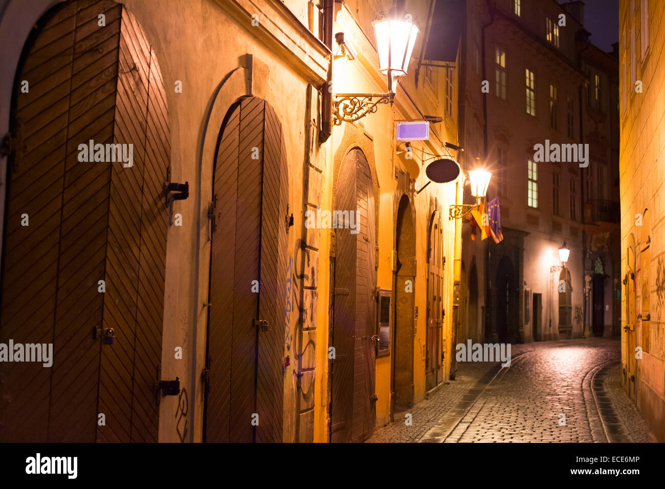 Empty night street in Prague. Czech Republic. Sharpness on a foreground Stock Photo