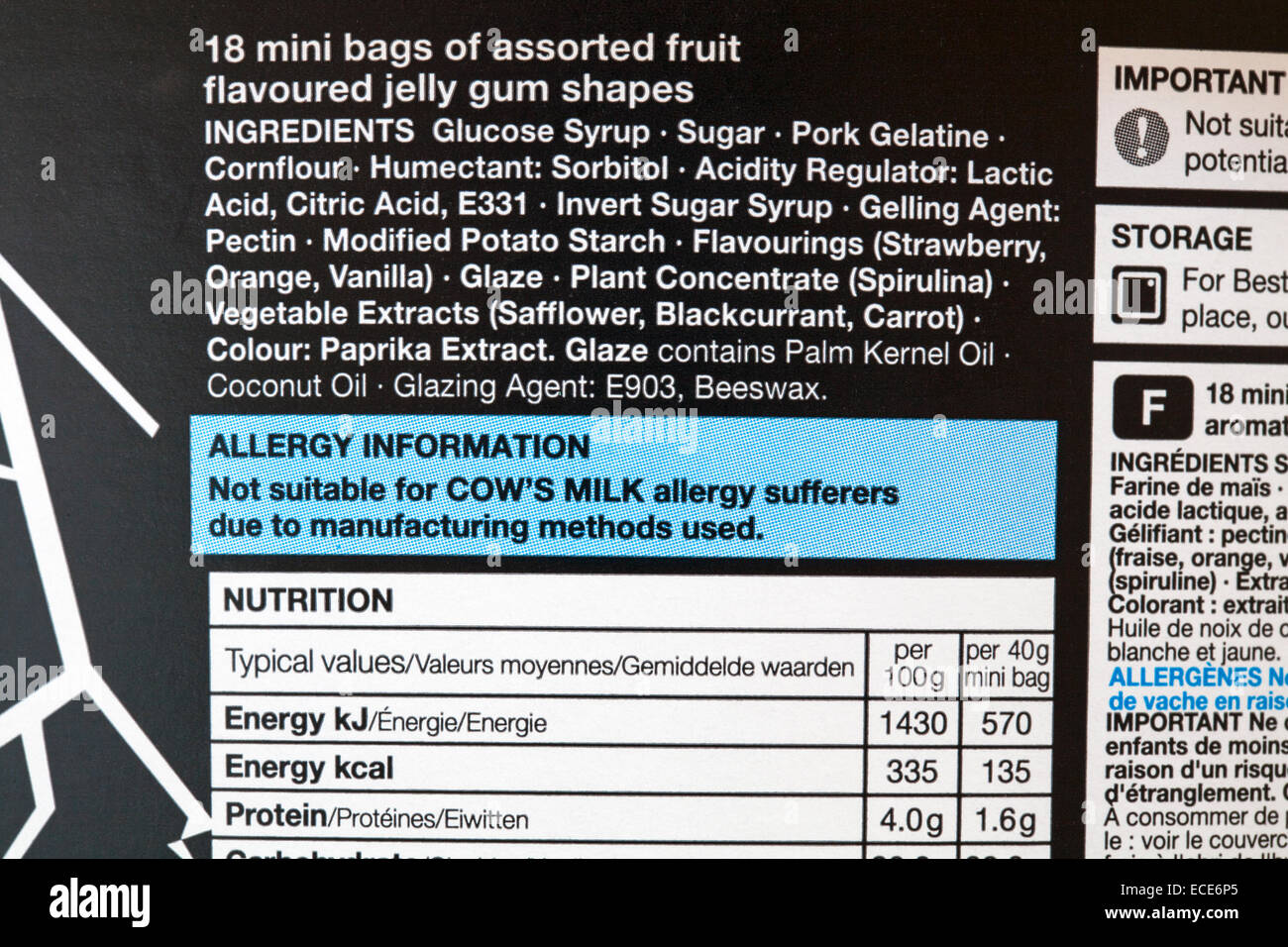 Allergy information on flavored jelly gum shapes not suitable for cow's