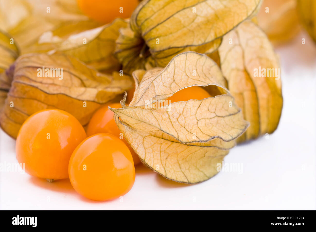 Fresh small physalis on white background, jam-berry fruits Stock Photo