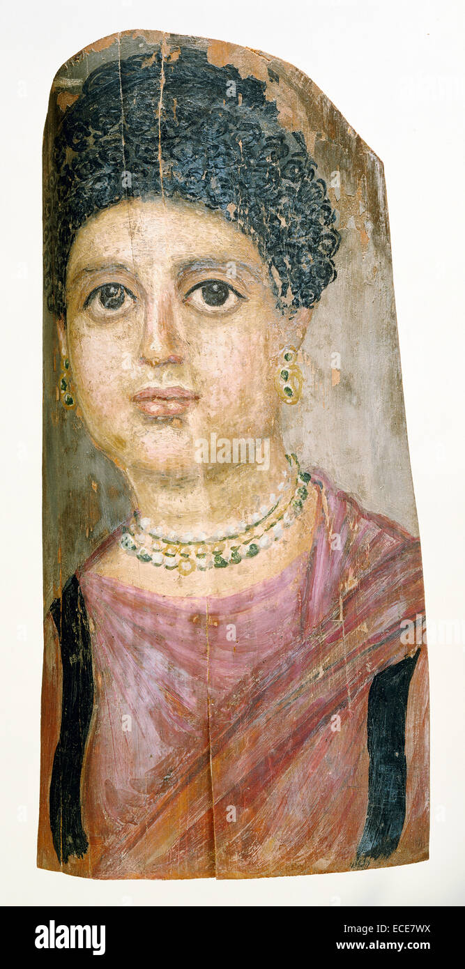 Mummy Portrait; Attributed to Malibu Painter, Romano-Egyptian, active 75 - 100; Hawara, Egypt, Africa; 75 - 100; Encaustic on wood; Object: 40 x 20 x 0.2 cm (15 3/4 x 7 7/8 x 1/16 in.) Stock Photo
