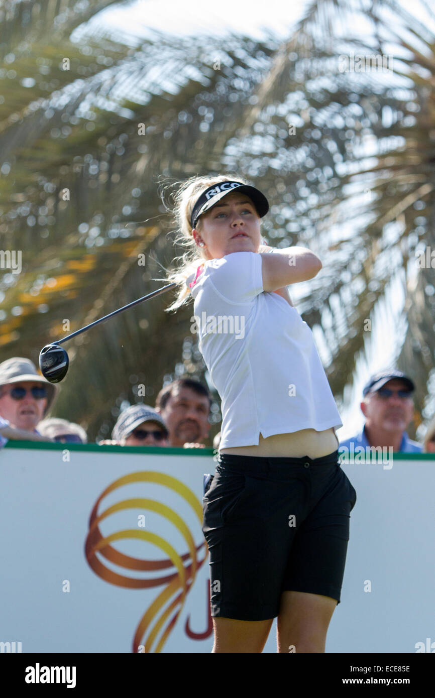Dubai. 12th December, 2014. Charley Hull of England plays from the second tee during the third round of the Omega Dubai Ladies Masters 2014. Credit:  Alexander Atack/Alamy Live News Stock Photo