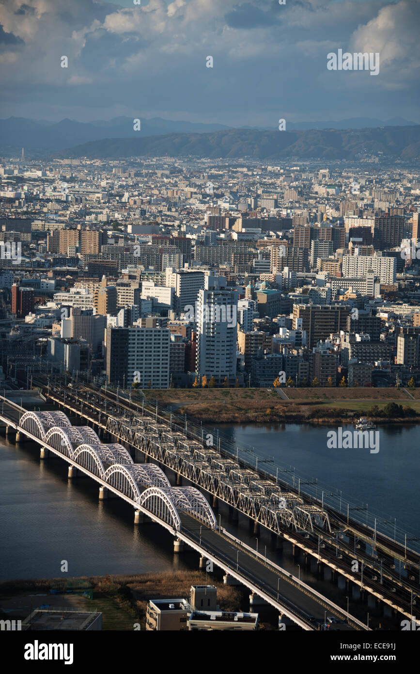 Yodo river Rail and road crossings at Osaka, Japan. Stock Photo