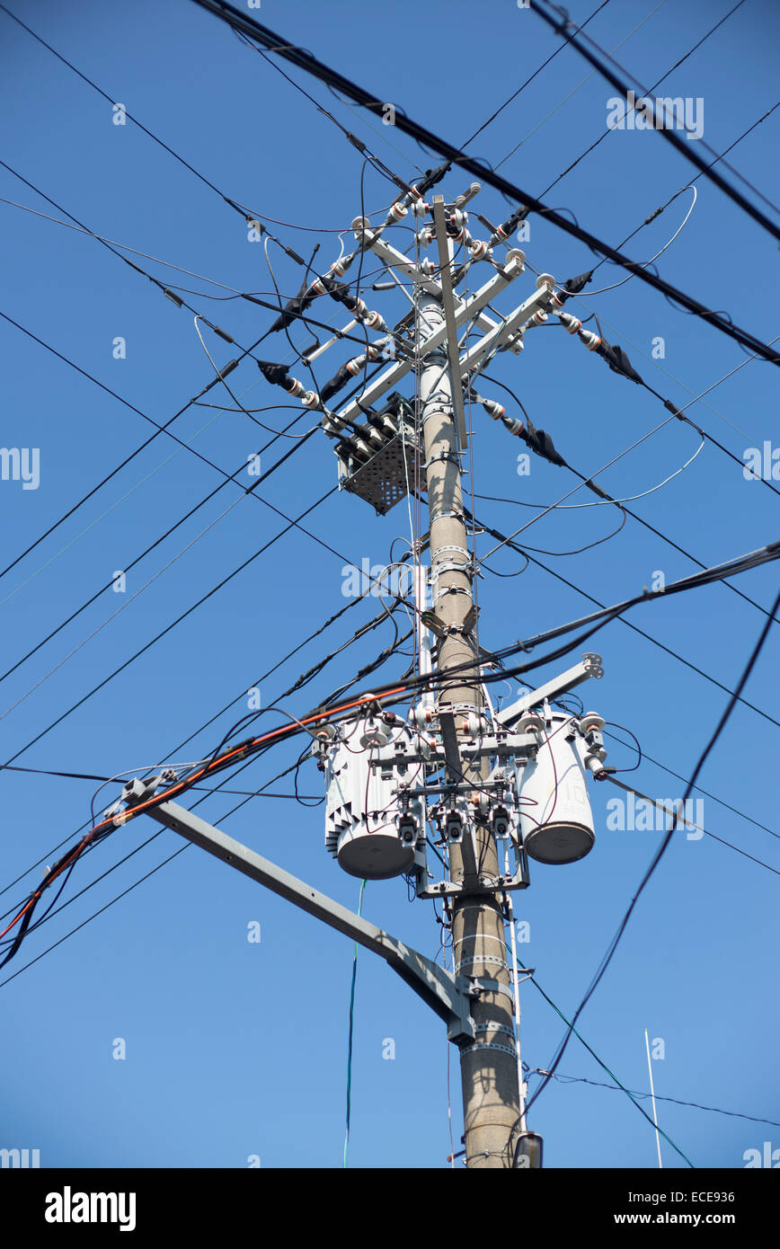 Japanese mains electric supply above street level. Stock Photo