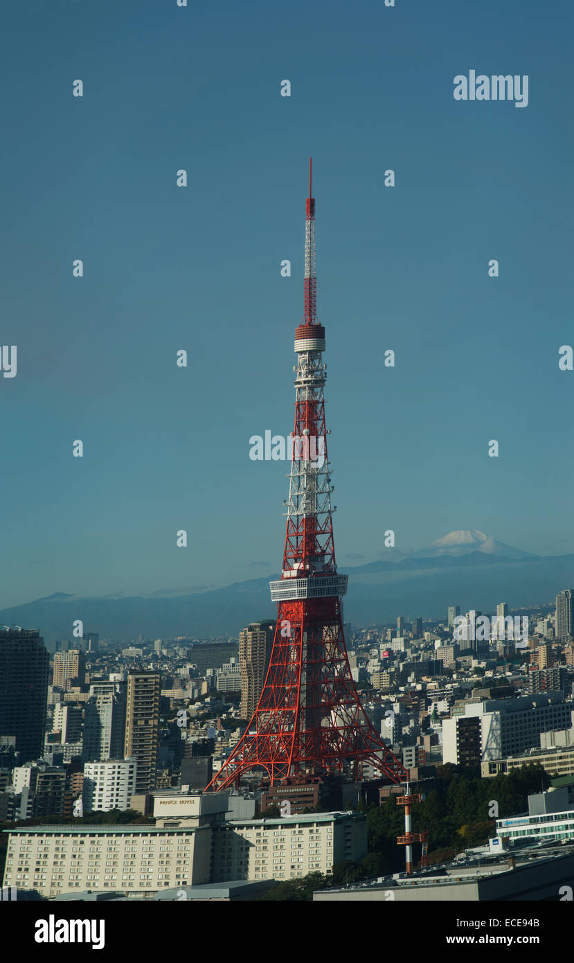 Tokyo Tower on a clear morning with Mount Fuji in the background, Tokyo, Japan. Stock Photo