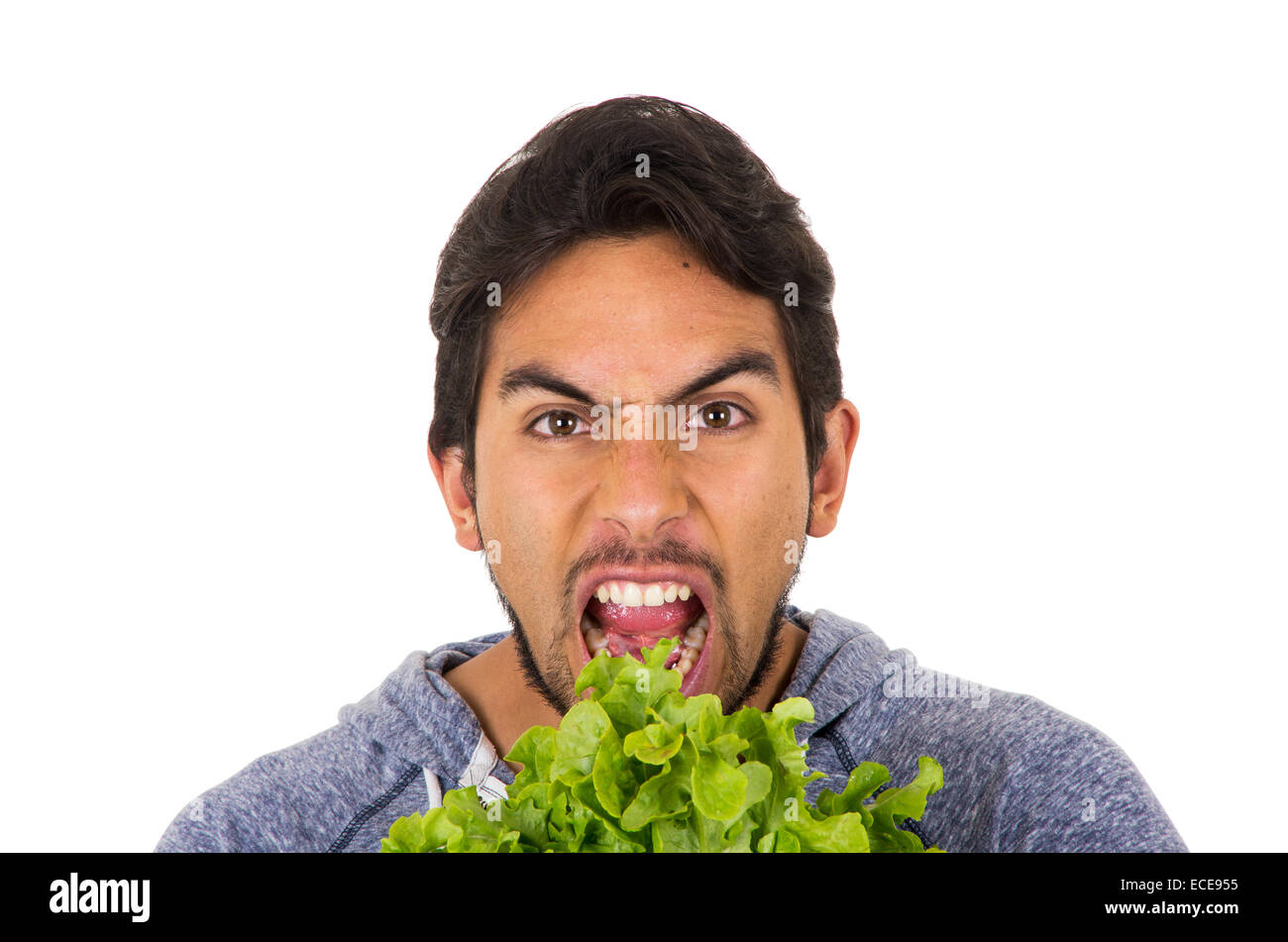 closeup portrait of handsome young man holding fresh lettuce leaves with mouth open Stock Photo