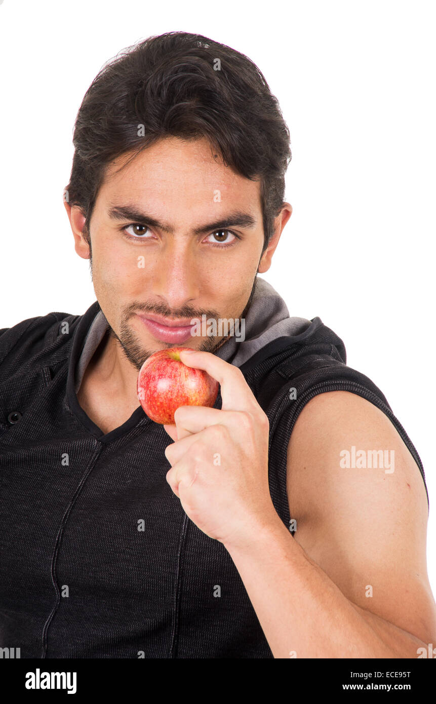 handsome young man holding red apple Stock Photo - Alamy