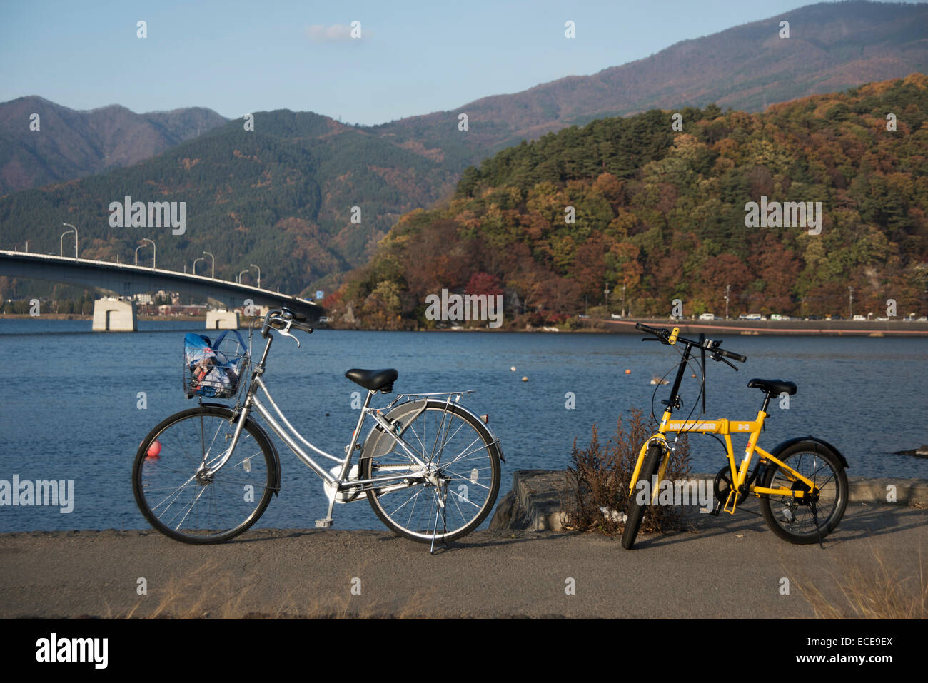Cycling around Lake Kawaguchi, Japan. Stock Photo