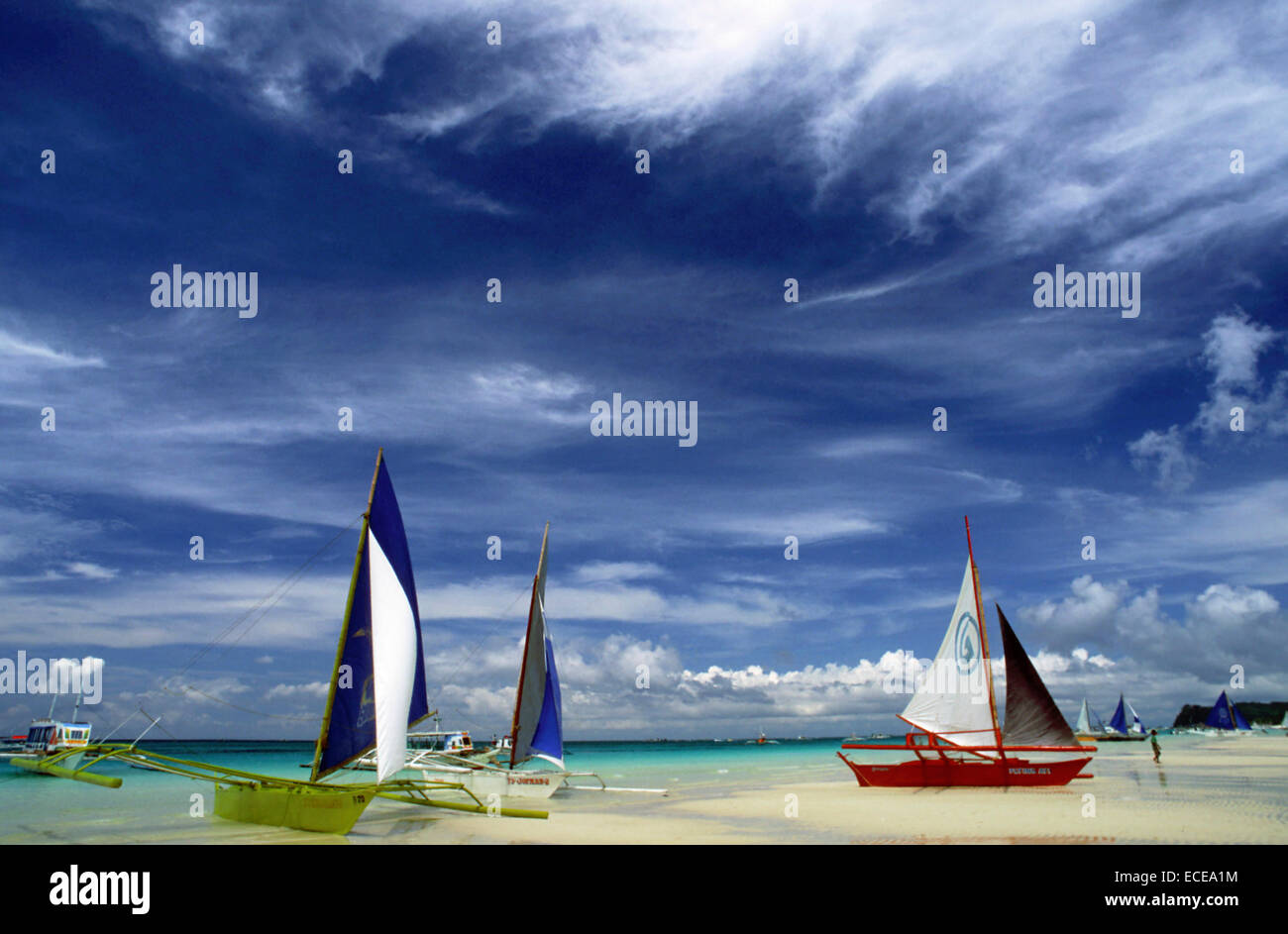 Philippines. Boracay Island Philippines. Sail boats on beach Boracay; The Visayas; Philippines.  Bankas on white sand. White bea Stock Photo