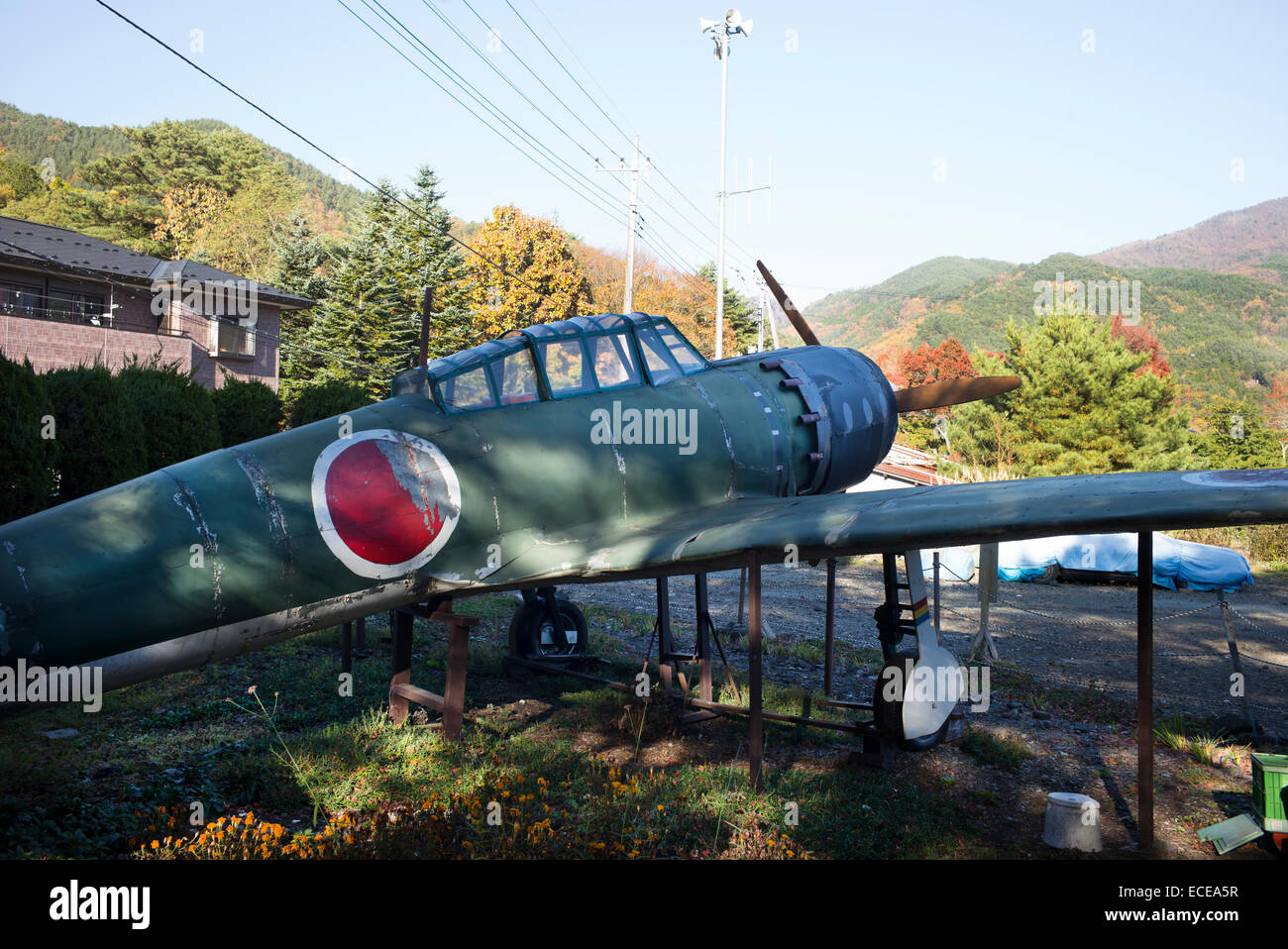 Vintage Japanese Mitsubishi Zero world war two fighter plane in Kawaguchiko, Japan. Stock Photo