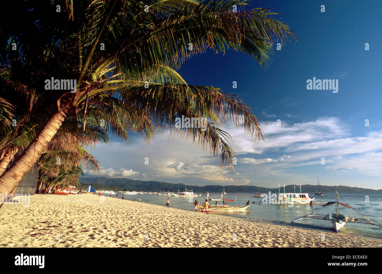 Palms tree. White sand beach. White beach. Boracay. Philippines. Boracay is a small island in the Philippines located approximat Stock Photo