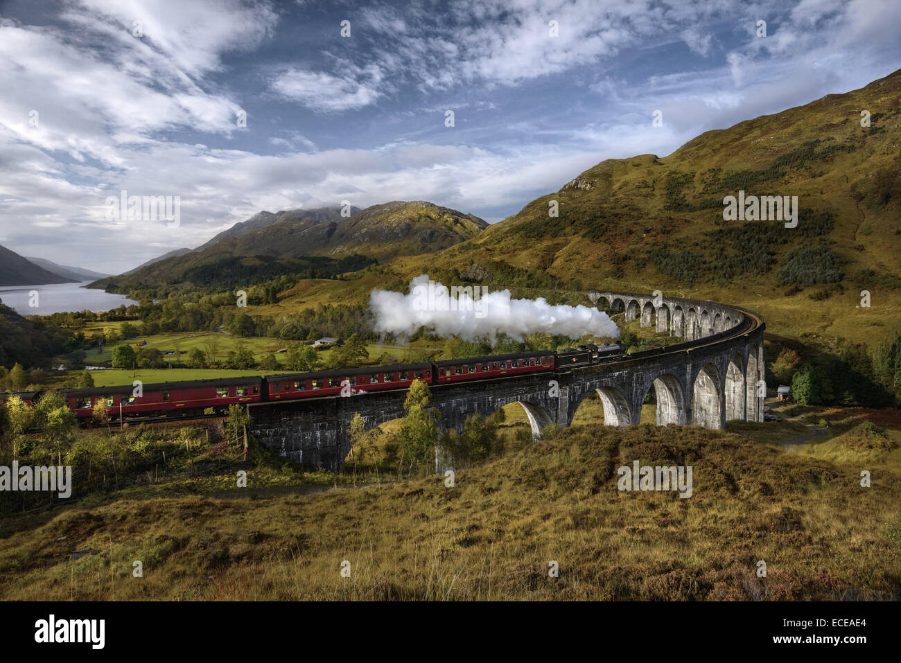 Steam train driving across a Glenfinnan Viaduct, Glenfinnan, Highland