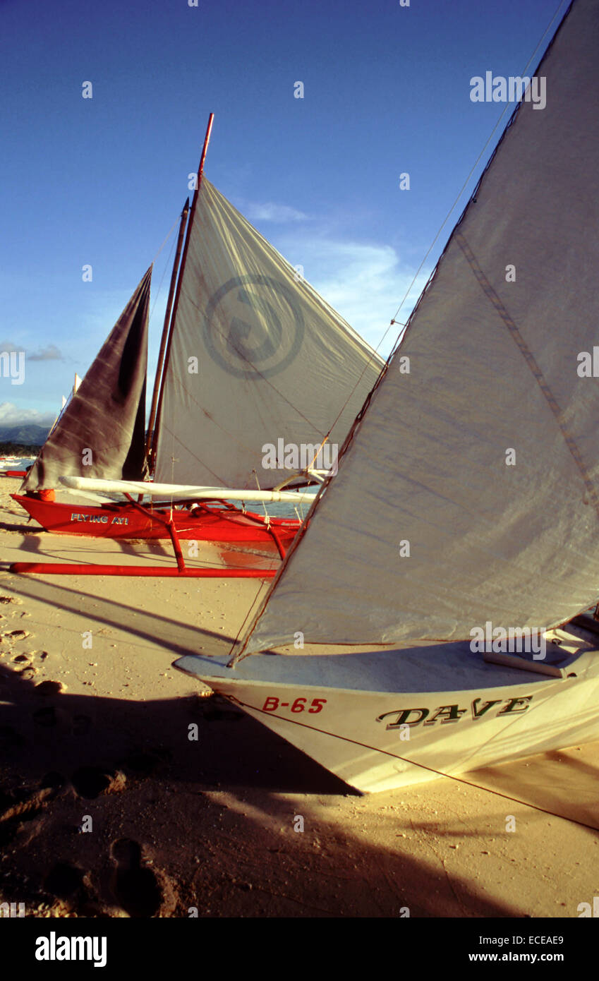 Boats to practice sailing. White beach. Boracay. Philippines. Boracay is a small island in the Philippines located approximately Stock Photo