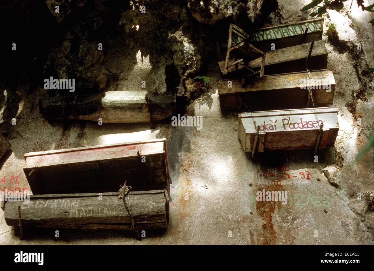 Hanging coffins. Echo Valley. Sagada. Northern Luzon. Philippines. Hanging coffins are coffins which have been placed on cliffs. Stock Photo