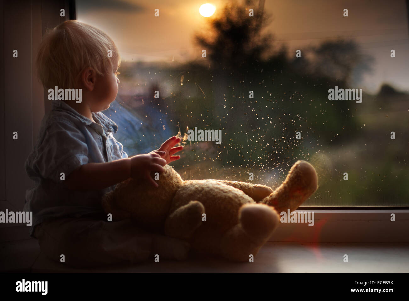 Boy and teddy bear watching sunset Stock Photo