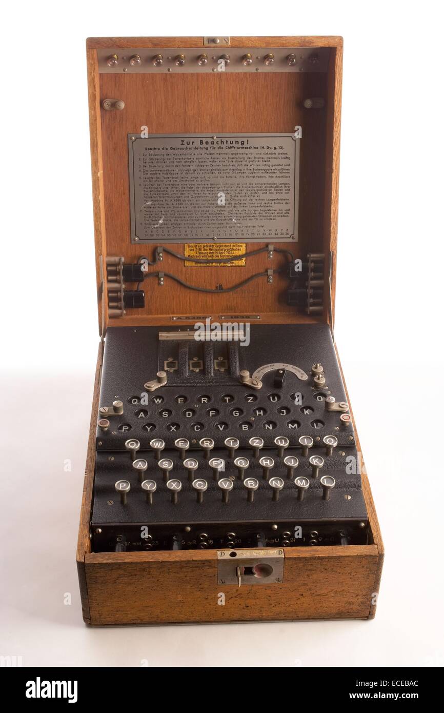 The Nazi German Enigma cipher machine used during World War II to develop nearly unbreakable codes for sending messages. The Enigma's settings offered 150,000,000,000,000,000,000 possible solutions. Allied efforts based in Bletchley Park, England were eventually able to crack the code using the worldÕs first electromagnetic computers. Stock Photo