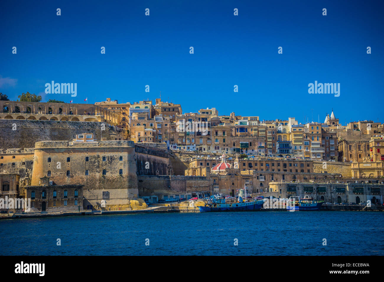 Malta, Valetta, Grand Harbor, View of waterfront skyline from sea Stock Photo