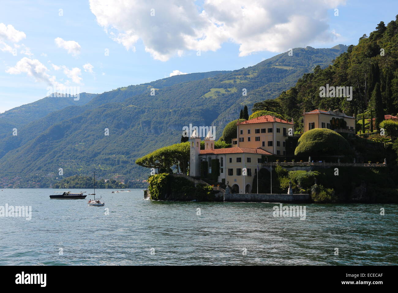 Italy, Villa del Balbianello, View of building with mountain range on background Stock Photo