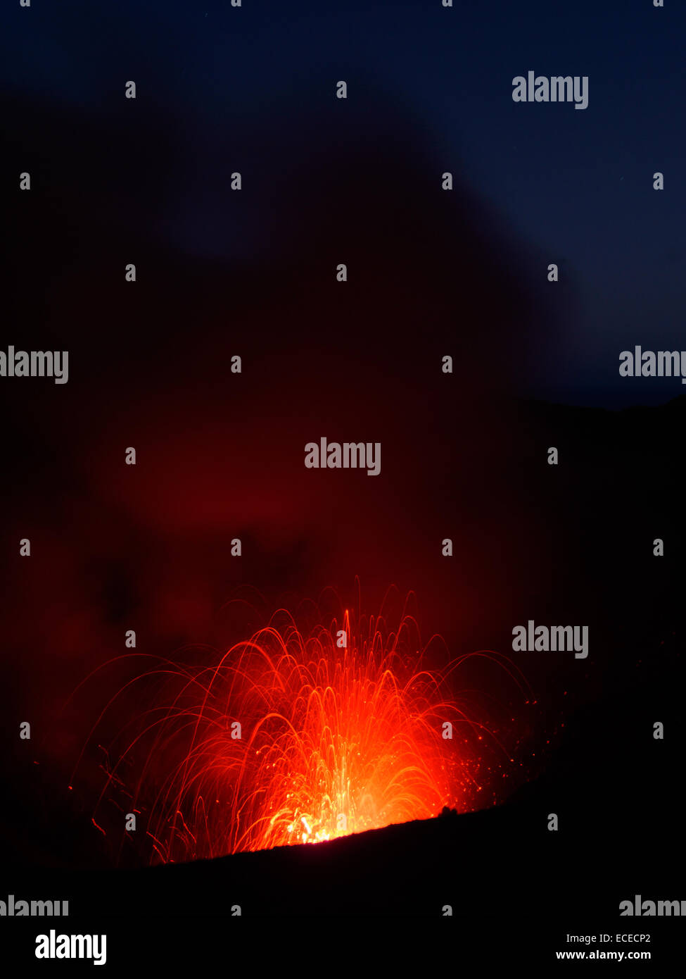 Mt Yasur Volcano on Tanna Island, Vanuatu. View of erupting crater at night. Stock Photo