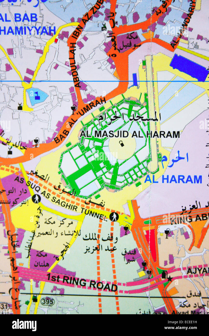 Mecca map and Masjidil Haram in Kingdom of Saudi Arabia Stock Photo