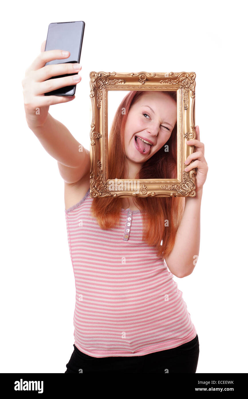 selfie with picture frame Stock Photo