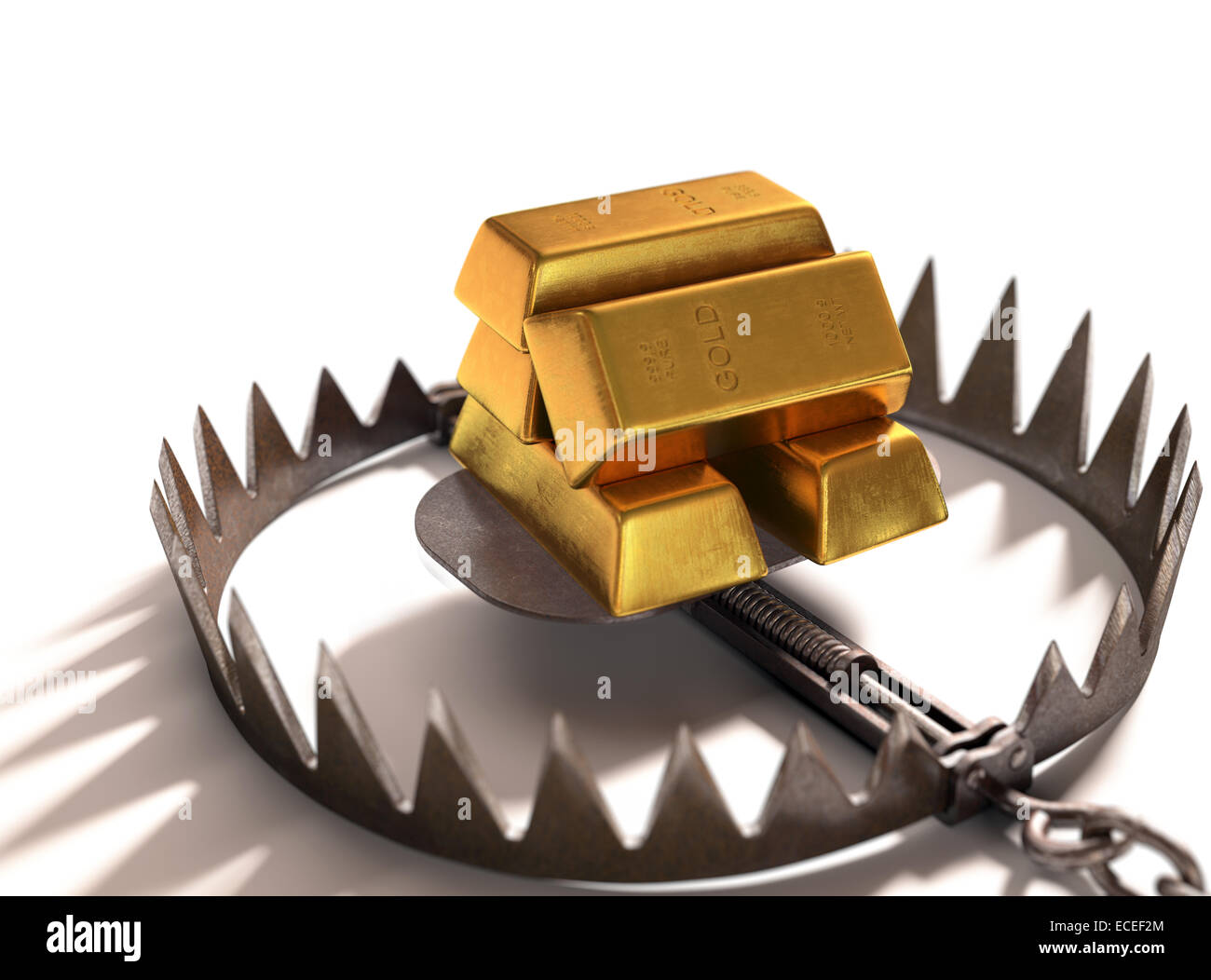 Bear trap with gold bars as bait on white background. Stock Photo