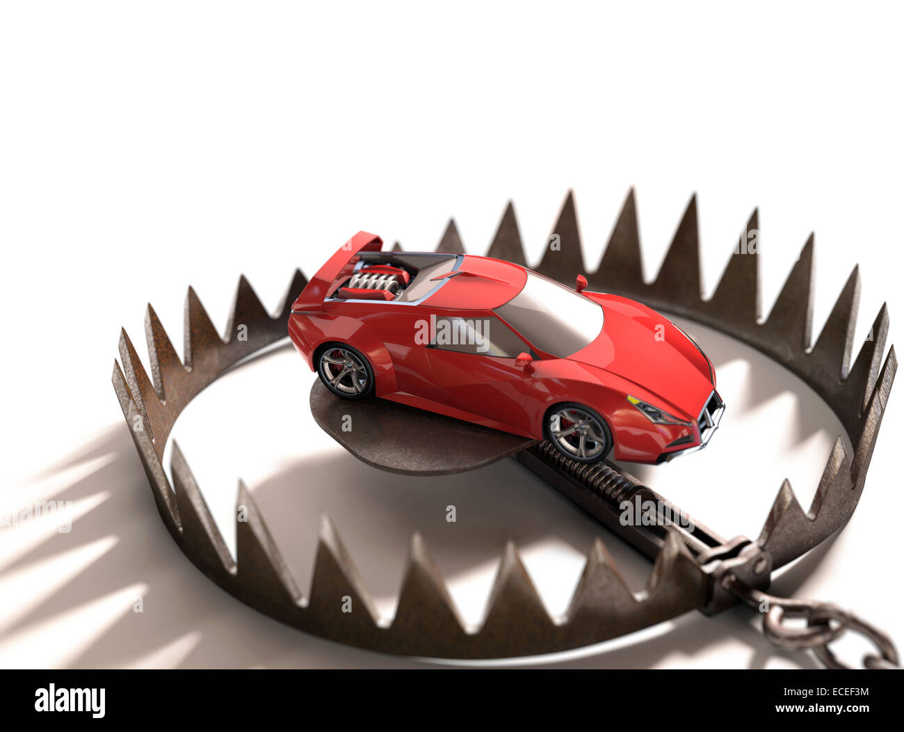 Sports car into a bear trap. Risk concept in high value financing. Stock Photo