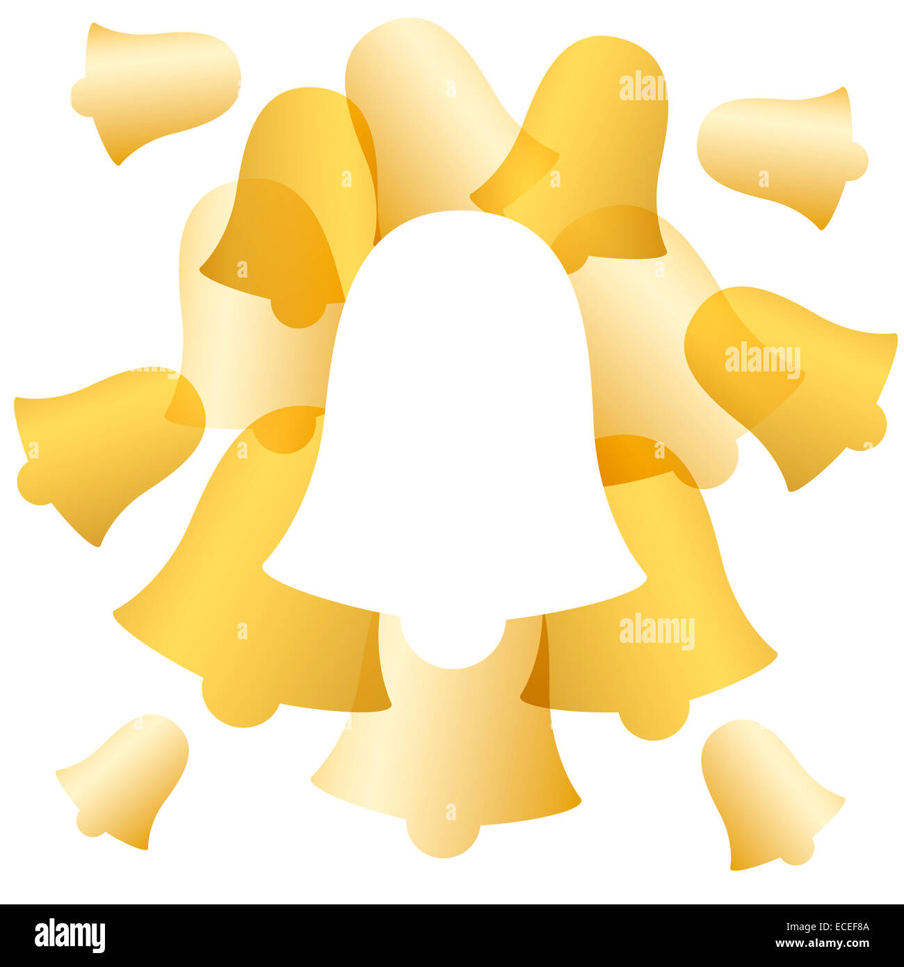 Golden pealing bells forming a frame around a white bell to write your text in it. Stock Photo