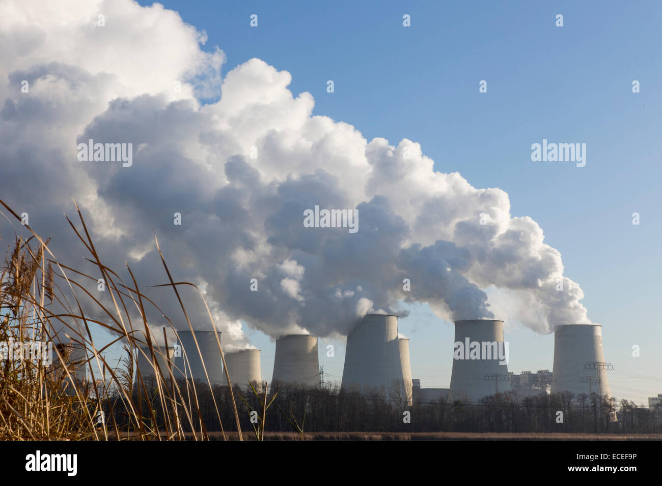 Steam rises from the cooling towers of the Vattenfall coal-fired power plant in Jaenschwalde, 09 December 2014 Stock Photo