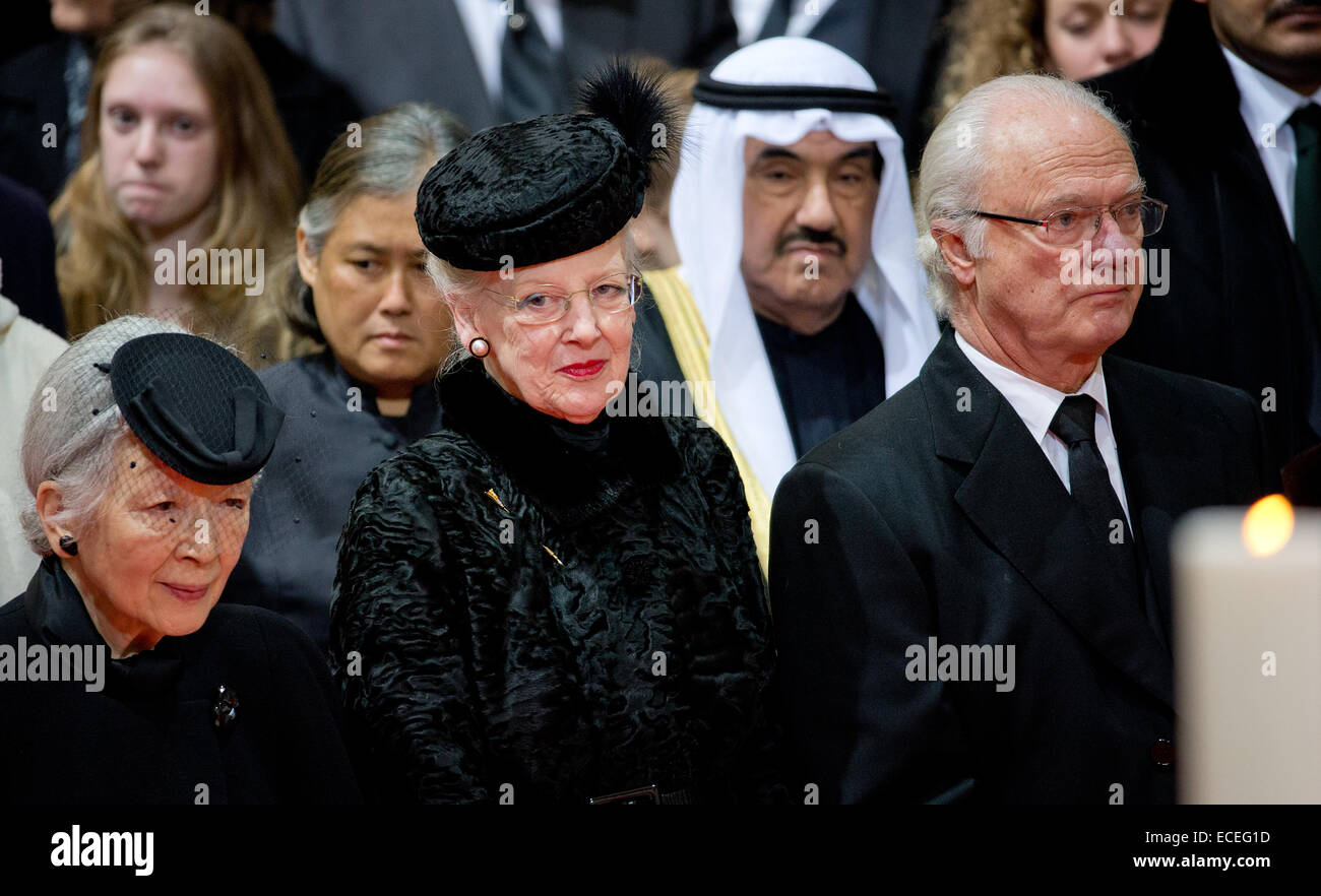Brussels, Belgium. 12th Dec, 2014. King Carl Gustaf of Sweden, Empress Michiko of Japan (L) and Queen Margrethe of Denmark attend the funeral of Belgian Queen Fabiola at the Cathedral of St. Michael and St. Gudula in Brussels, Belgium, 12 December 2014. Photo: Patrick van Katwijk/ FRANCE OUT NO WIRE SERVICE/dpa/Alamy Live News Stock Photo