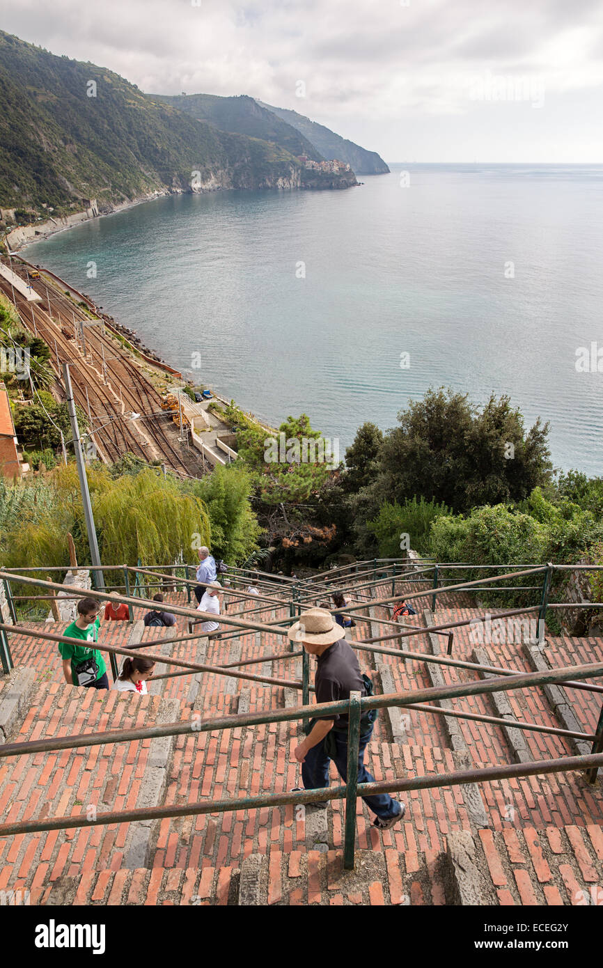 The step up to the town of Corniglia in Cinque Terre, Italy. Stock Photo