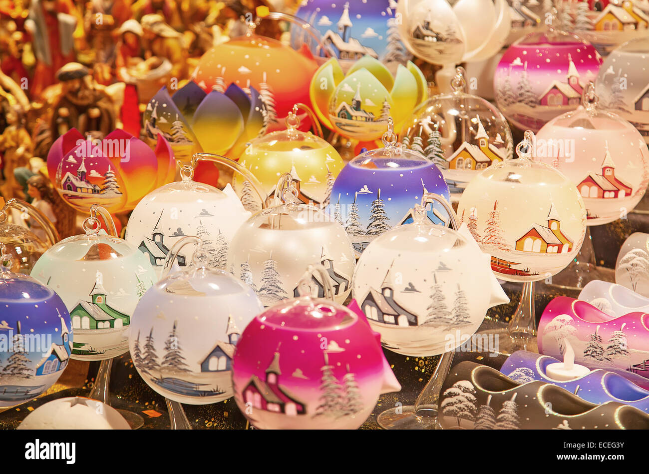 STRASSBOURG - DECEMBER 23: Colorful candlelights on the Christmas market in Strasbourg on December 23, 2013 in Strasbourg, Franc Stock Photo