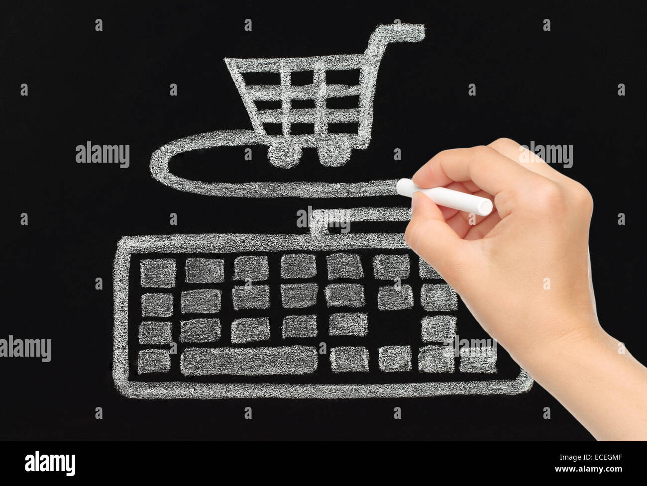 Hand drawing with chalk keyboard connected to cart, shopping concept Stock Photo