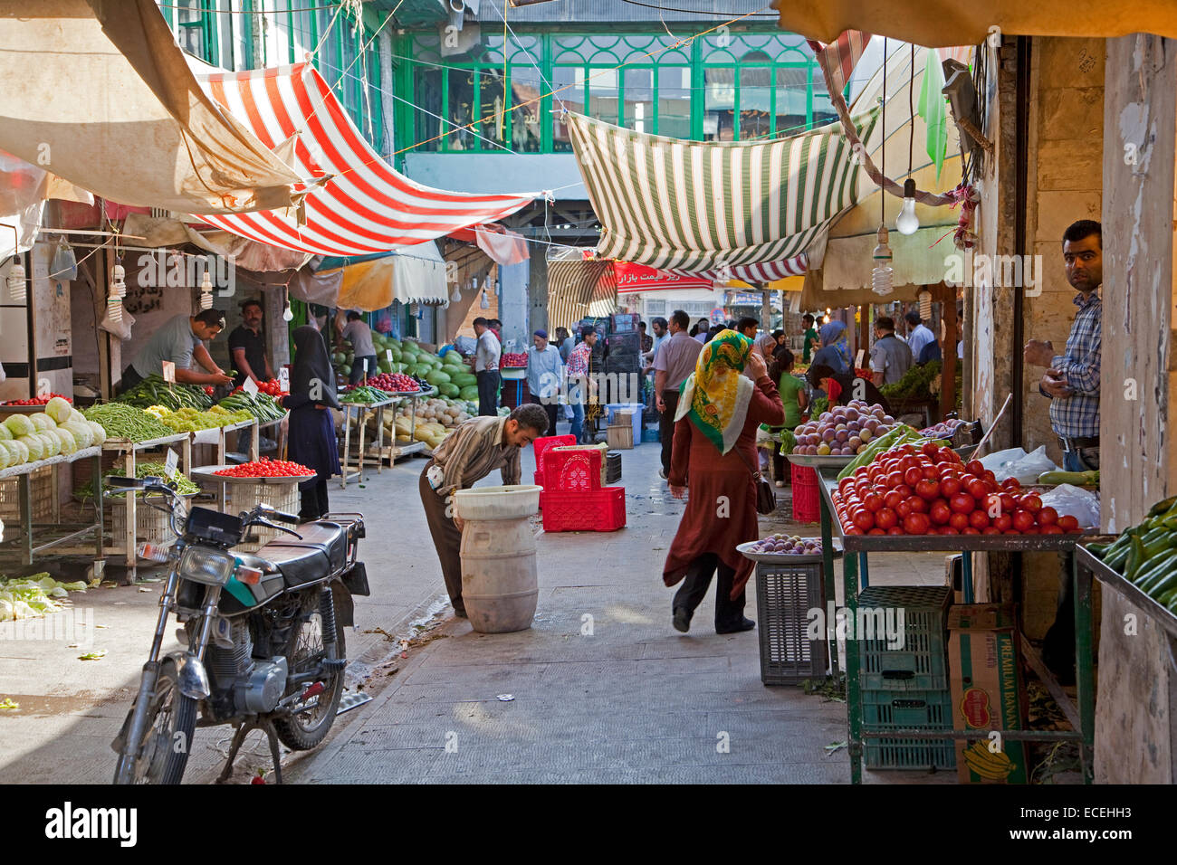 Iranians buying food at vegetable market in the city Gorgan / Gurgan, Golestan Province, Iran Stock Photo