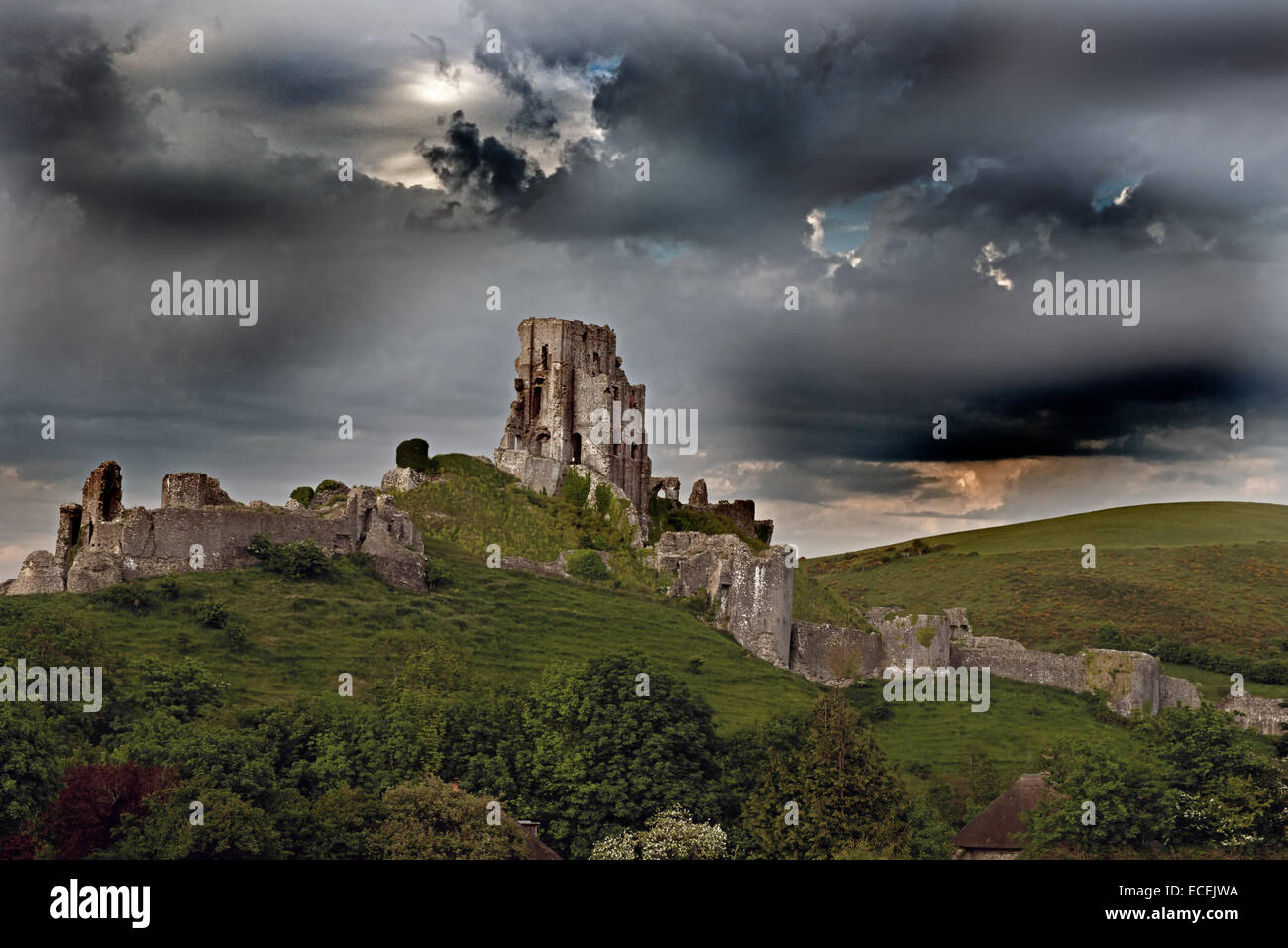 The Ruins of Corfe Castle, (National Trust), Isle of Purbeck, Dorset, England, Uk. Stock Photo
