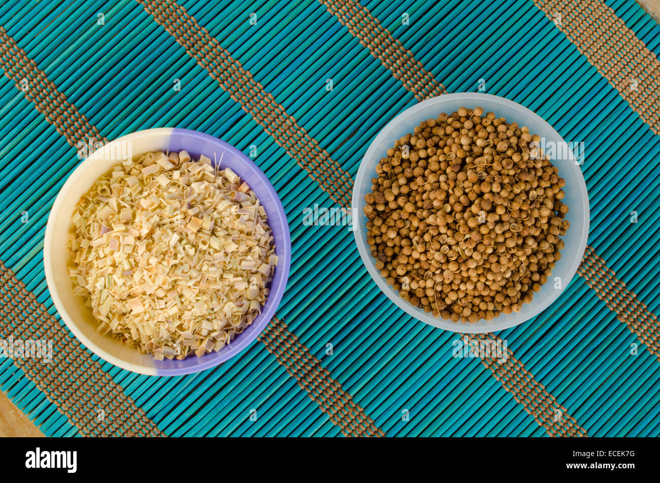 Dried lemon grass and coriander seeds, aromatic condiments Stock Photo
